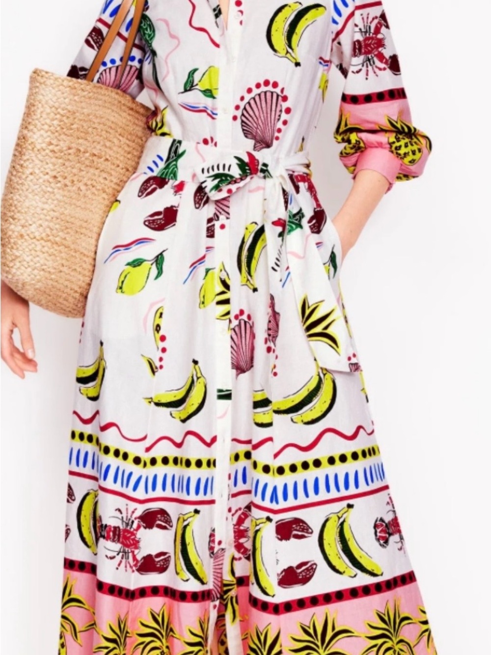 Boden White Maxi Dress with Yellow, Pink and Red Tropical Print